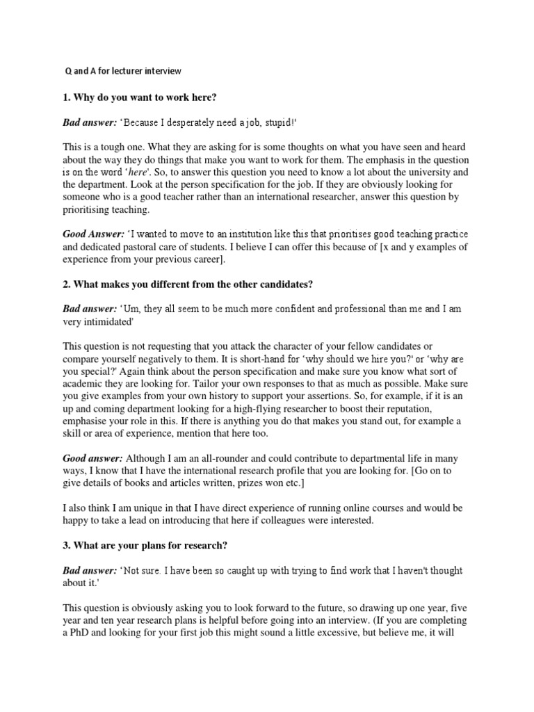 Lecturer Interview Q&A Guide | PDF | Question | Curriculum