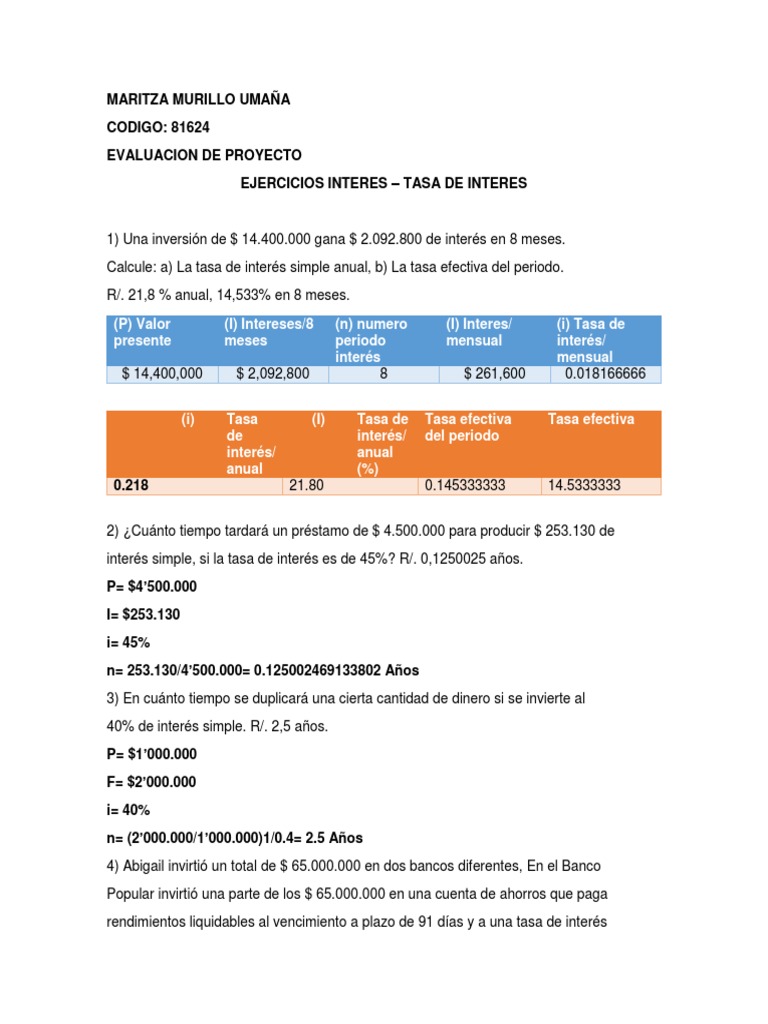 Ejercicios de Tasa de Interés Simple | PDF | Interés | Tasas de interés
