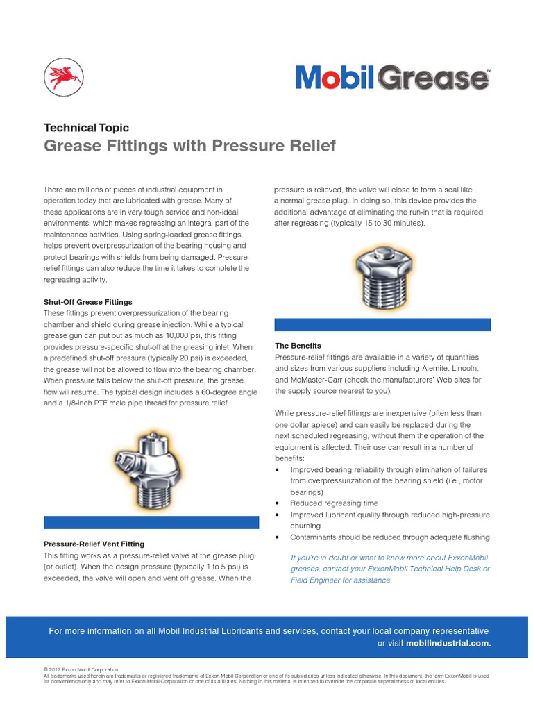 Grease Fittings Pressure Relief Valve Data Sheet PDF Bearing