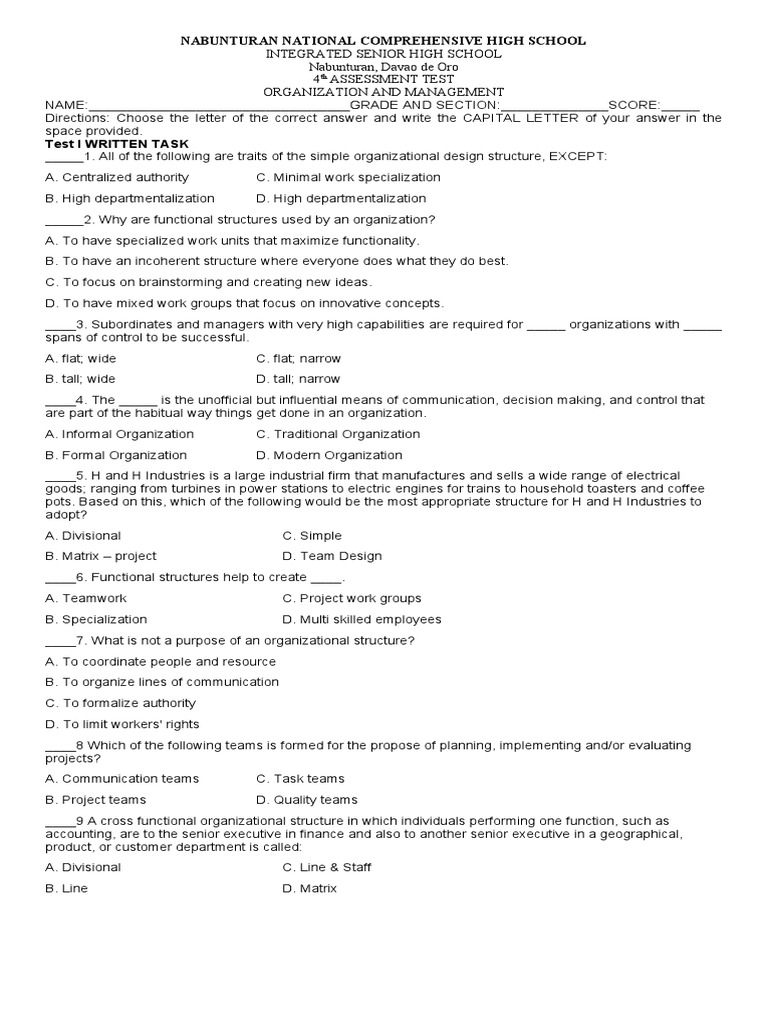 Nabunturan National Comprehensive High School Assessment | PDF ...