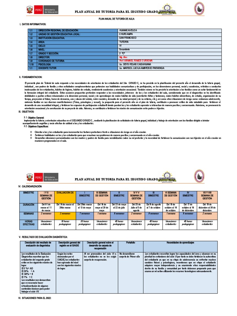 Plan de Tutoria de Segundo Grado | PDF | Aprendizaje | Evaluación