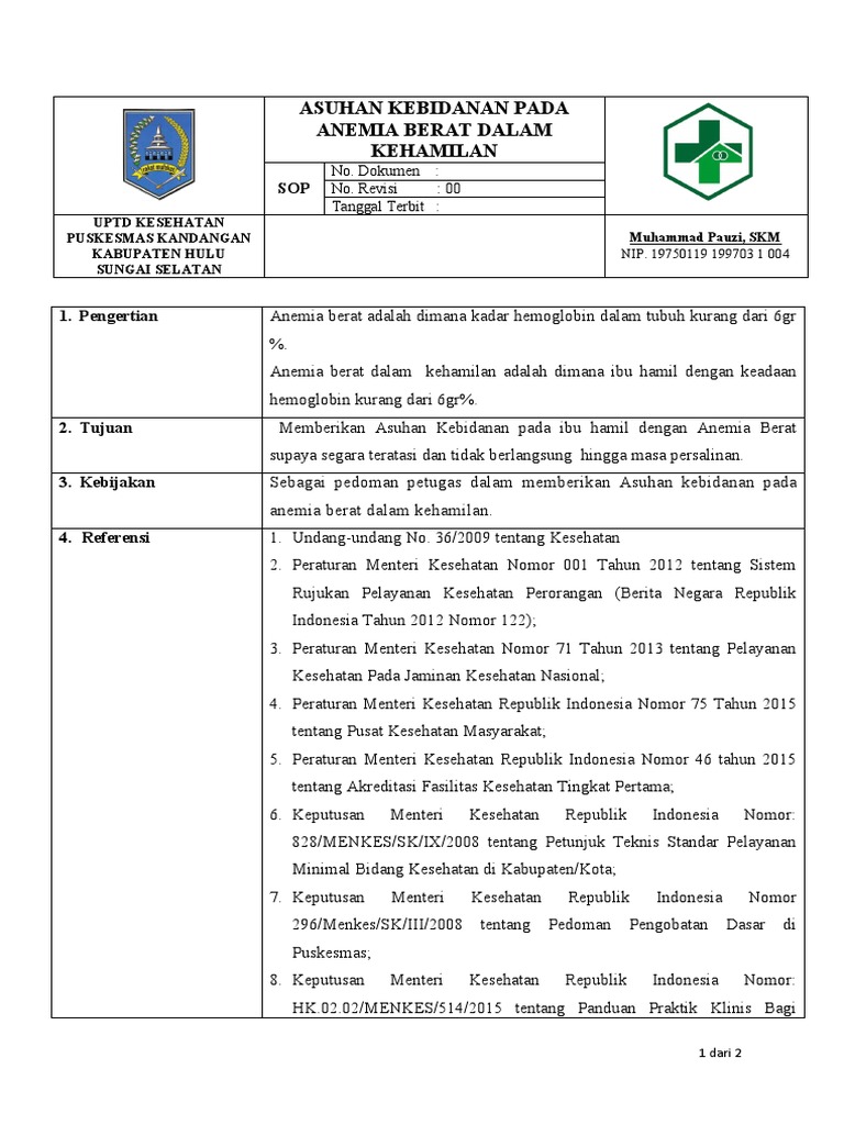 Sop asuhan kebidanan pada anemia berat dalam kehamilan pdf