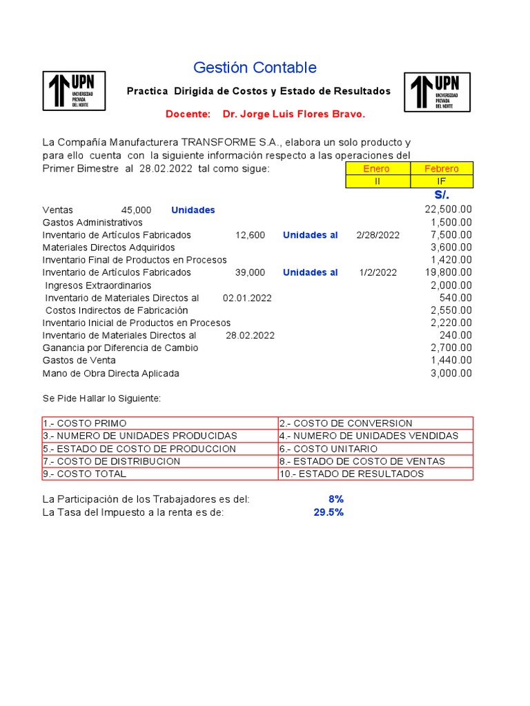 Practica Dirigida de Costos y Estados de Resultados - Solución | PDF ...