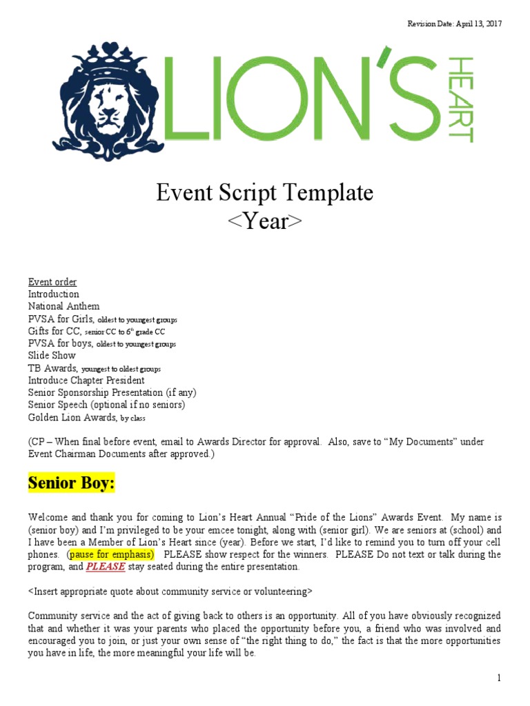 Lion's Heart Awards Event Script Template | PDF