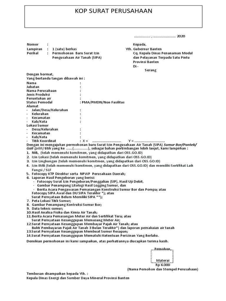 Form Surat Permohonan Izin SIPA Baru (Untuk Sipa Baru, Sumur Sudah Ada ...
