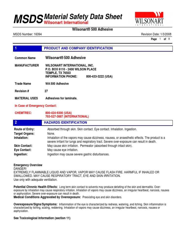 Wilsonart 500 Adhesive PDF Fires Dangerous Goods