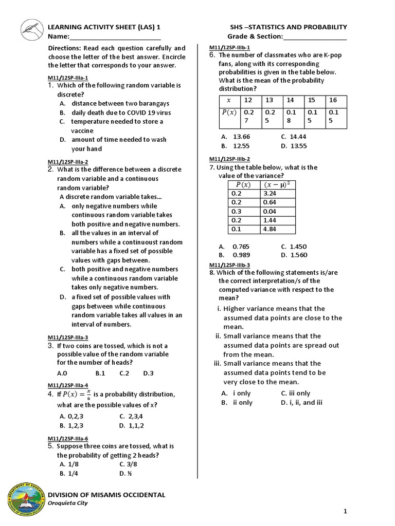 Statistics and Probability Learning Activity | PDF | Random Variable | Mean