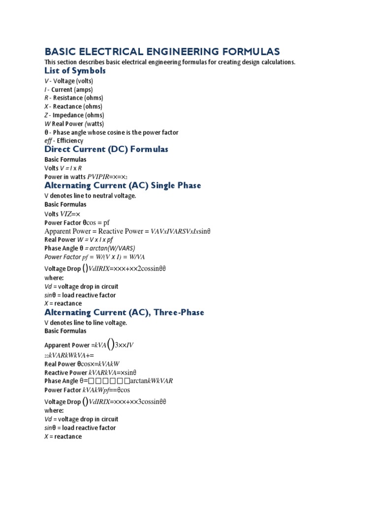 BASIC ELECTRICAL ENGINEERING FORMULAS PDF intelligence overview