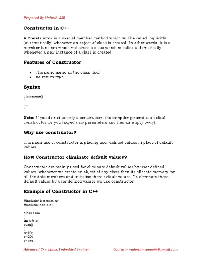 Constructor in C++: Prepared by Mahesh-SSE | PDF | Constructor (Object ...