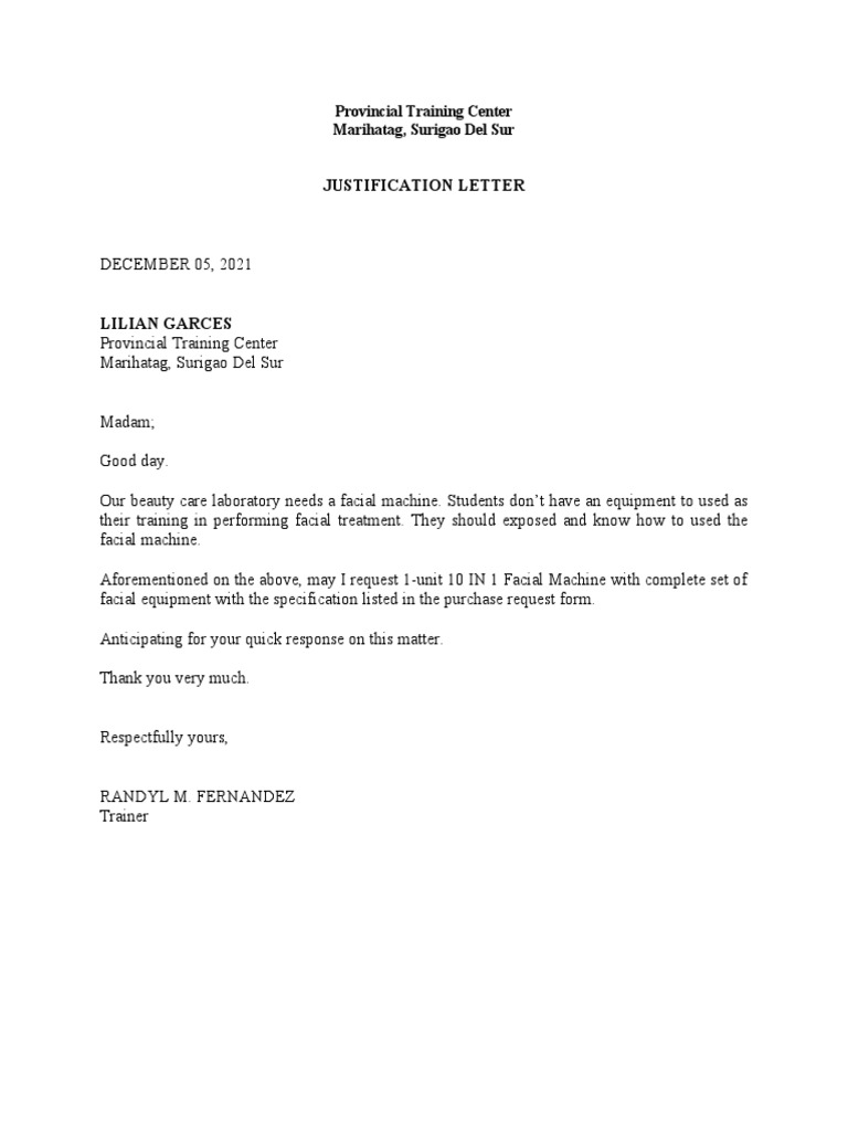Justification Letter for Facial Machine | PDF