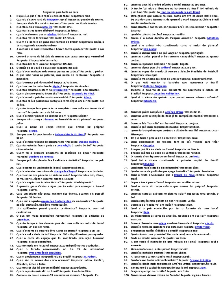 Perguntas para Torta Na Cara, PDF, Brasil
