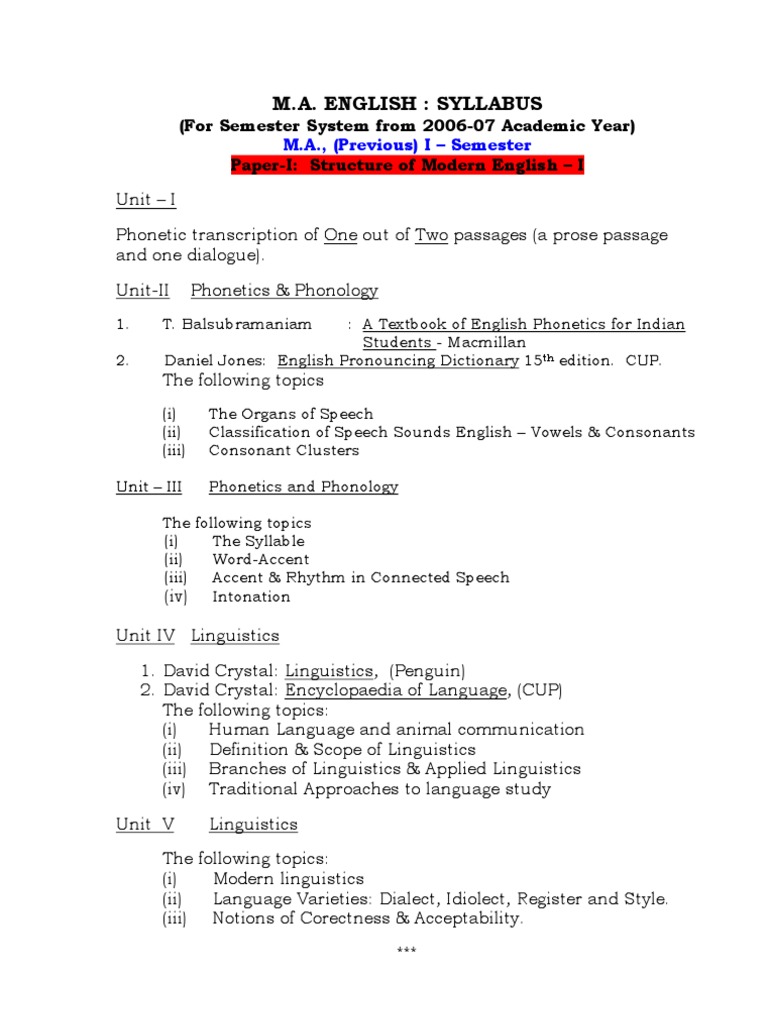 M.A. English Syllabus Overview | PDF | Linguistics | Poetry