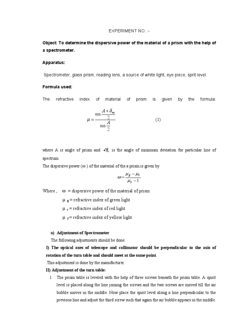 Dispersive Power of Prism Prism Refractive Index