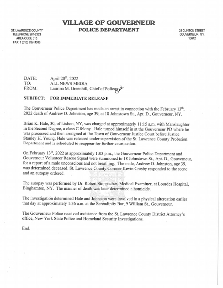 Gouverneur Village Police Dept. April 20, 2022 PDF