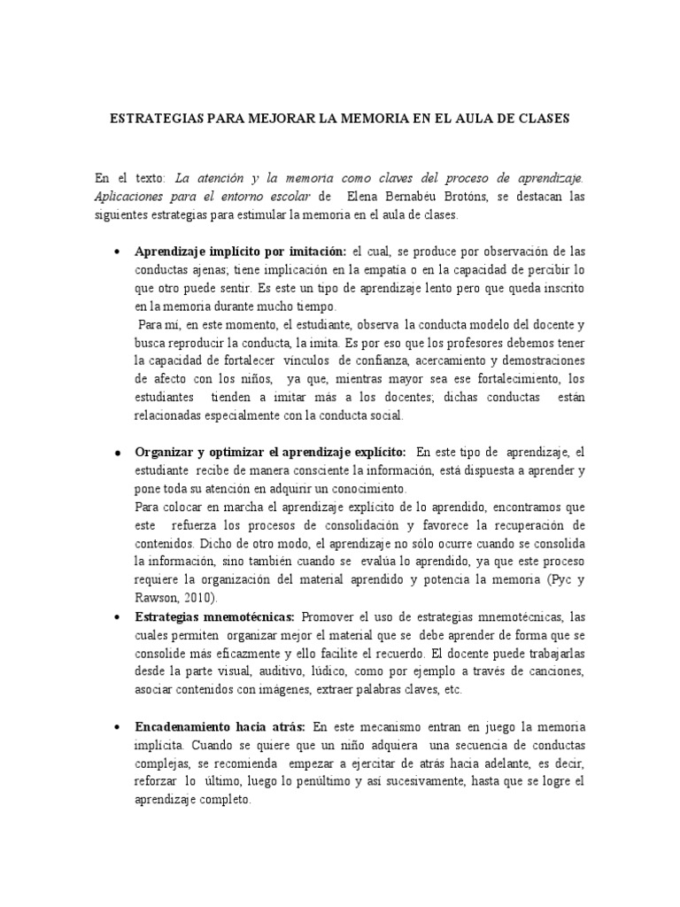 Estrategias para Mejorar la Memoria Escolar | PDF | Aprendizaje | Memoria