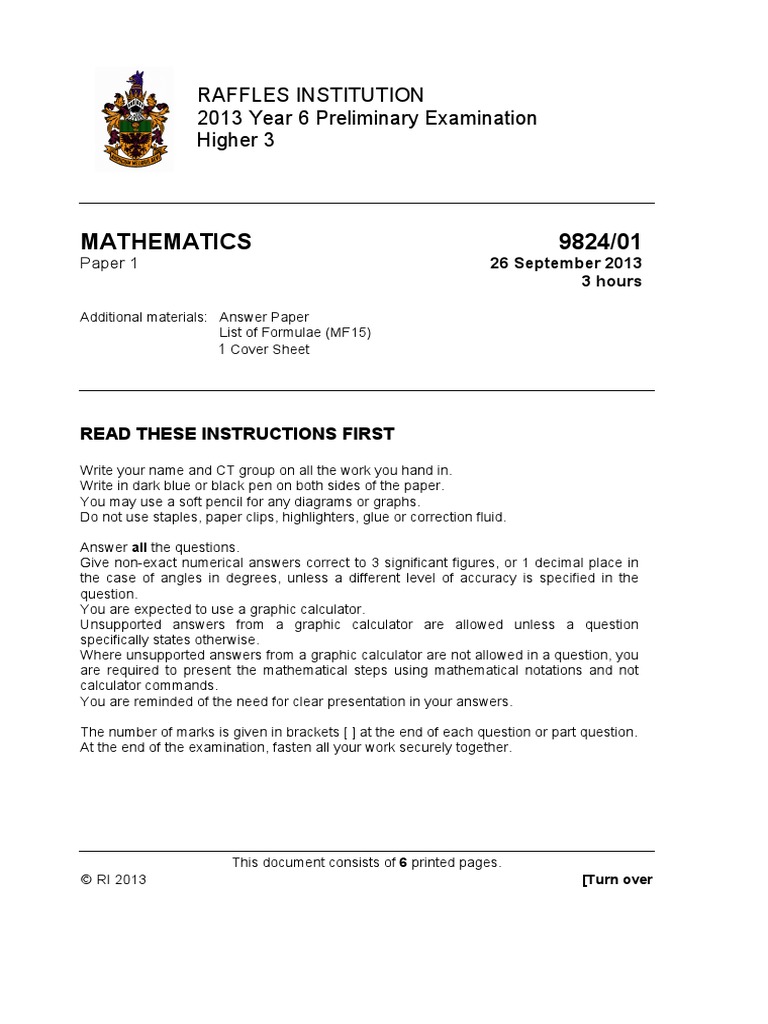 2013 RI (Yr6) H3 Math Prelim (Questions) | PDF | Mathematical Objects ...