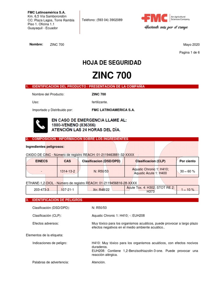 Hoja de Seguridad Zinc 700 PDF