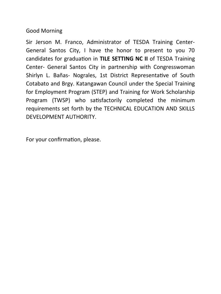 Presentation of TESDA Graduates in NC II | PDF
