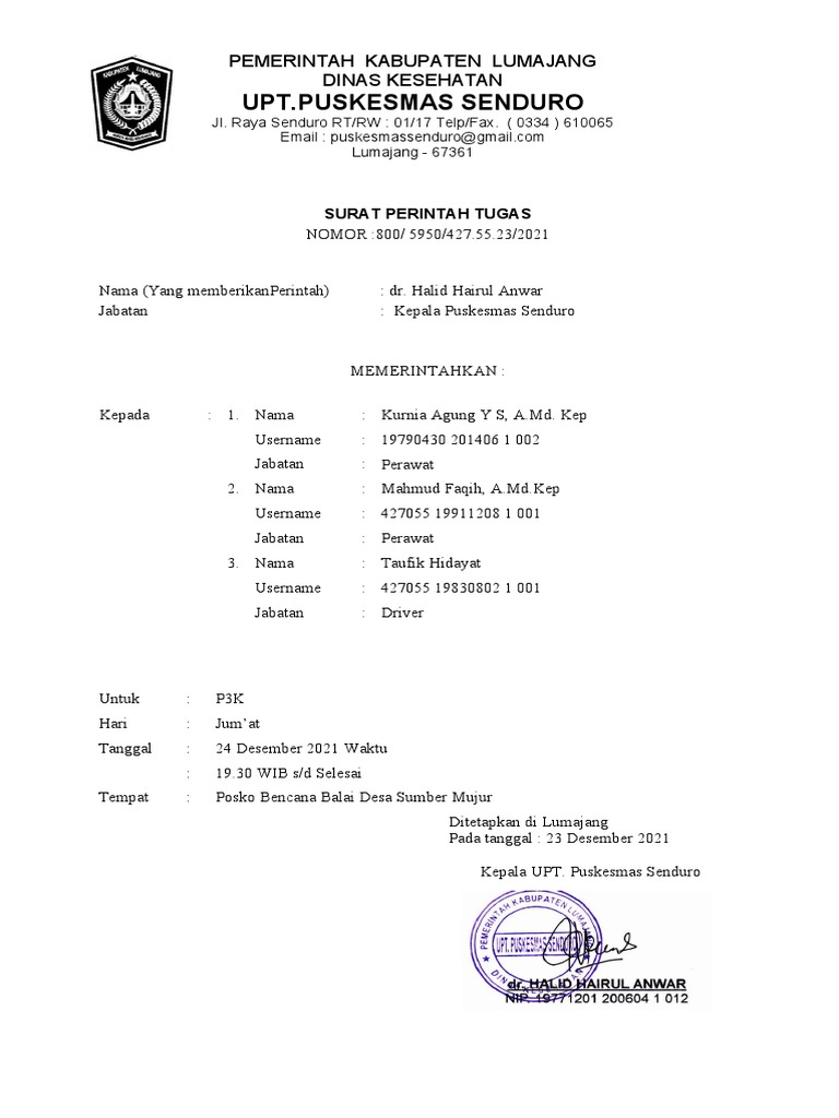 Surat Perintah Tugas Puskesmas Senduro | PDF | Sains & Matematika