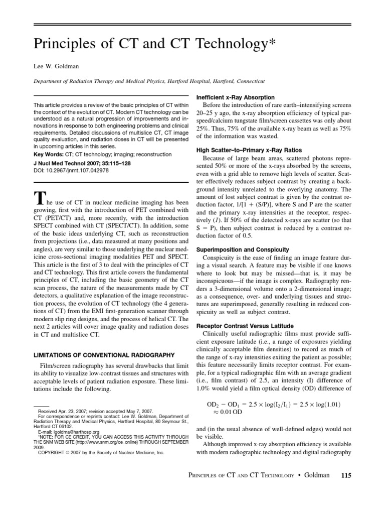 Principles of CT and CT Technology : P CT CTT - Goldman 115 | PDF