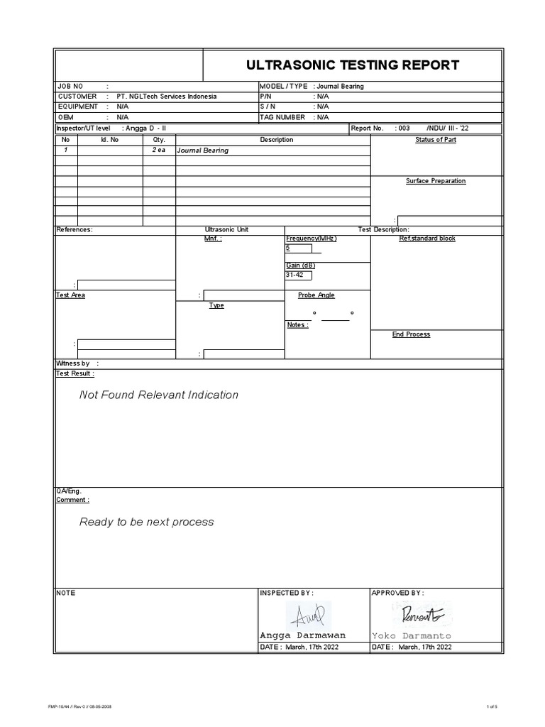 Ultrasonic Testing Report for Journal Bearing | PDF | Nondestructive ...