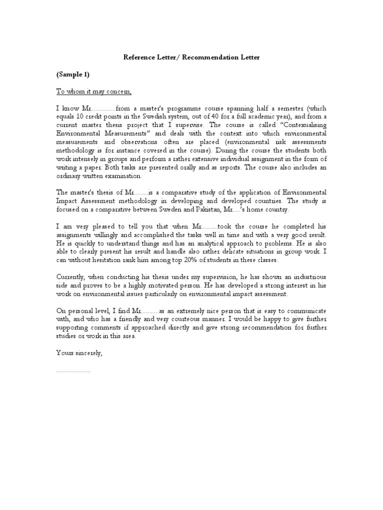 Samples of Reference Letter Recommendation Letter PDF May ...