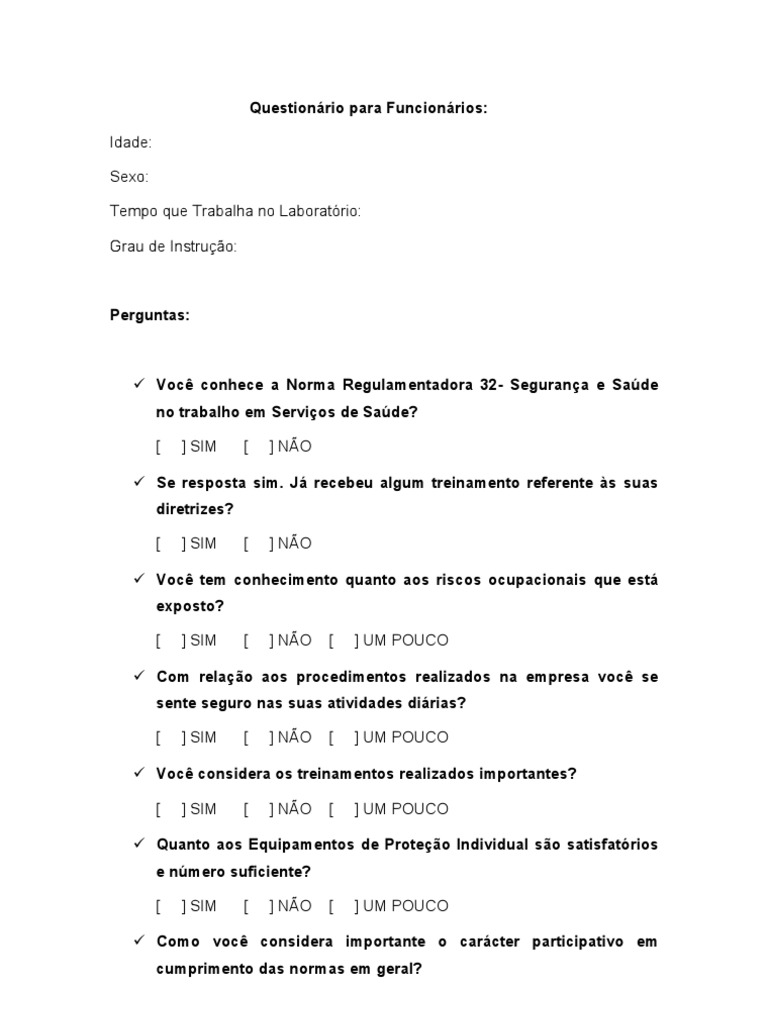 Questionário para Funcionários