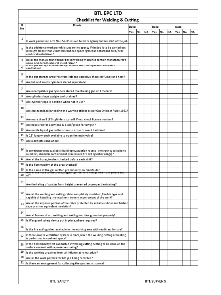 Checklist For Welding &amp; Cutting | PDF | Construction | Welding