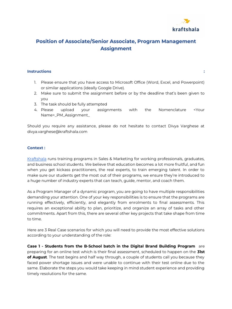 Assignment - Program Management - Kraftshala | PDF | Cognition ...