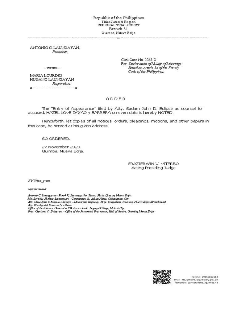 RTC Branch 31 Order: Nullity of Marriage | PDF | Separation Of Powers ...