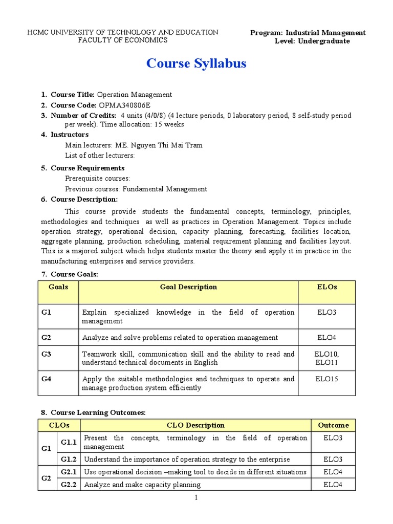 Operation Management. Syllabus PDF Operations Management Cognition