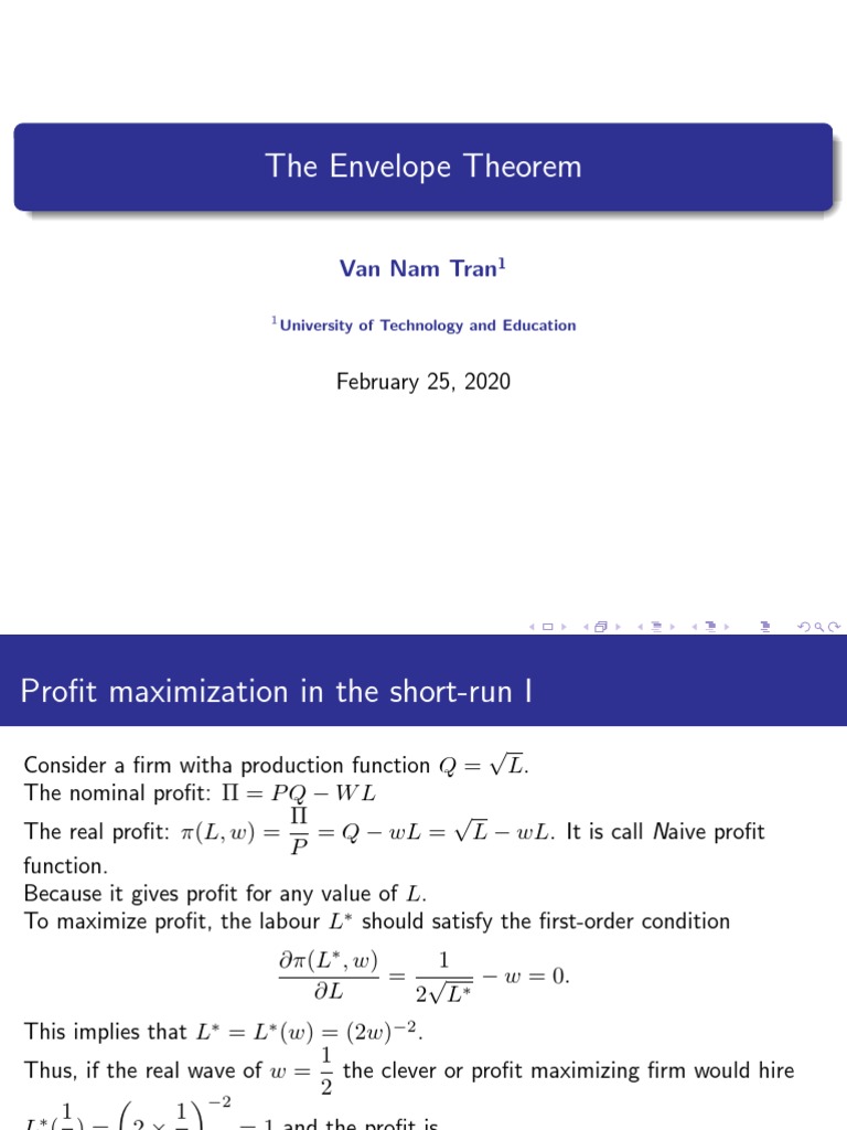 The Application of the Envelope Theorem to Profit Maximization in the