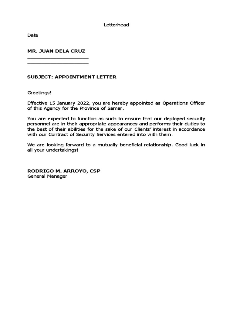 Operations Officer Appointment Letter | PDF | Business | Law