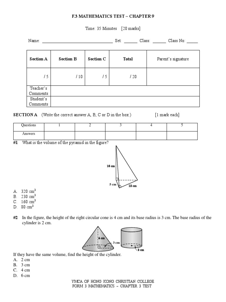 F.3 Mathematics Chapter 9 Test Paper | PDF | Area | Volume