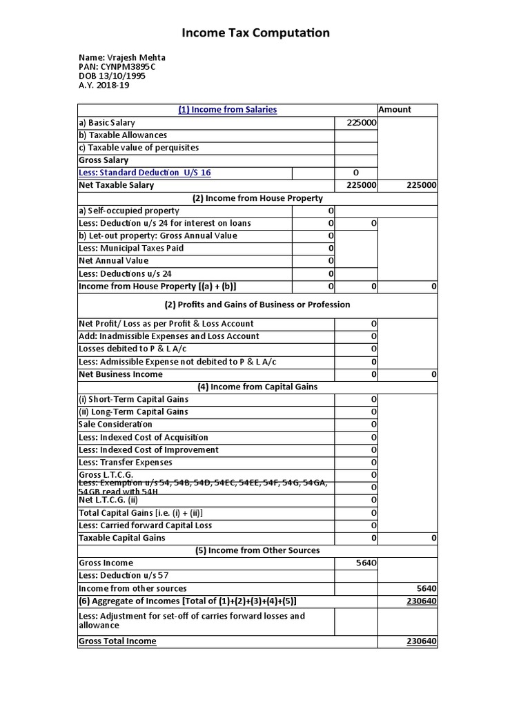 Tax Computation Less Standard Deduction U/S 16 PDF Capital Gains Tax Tax Deduction