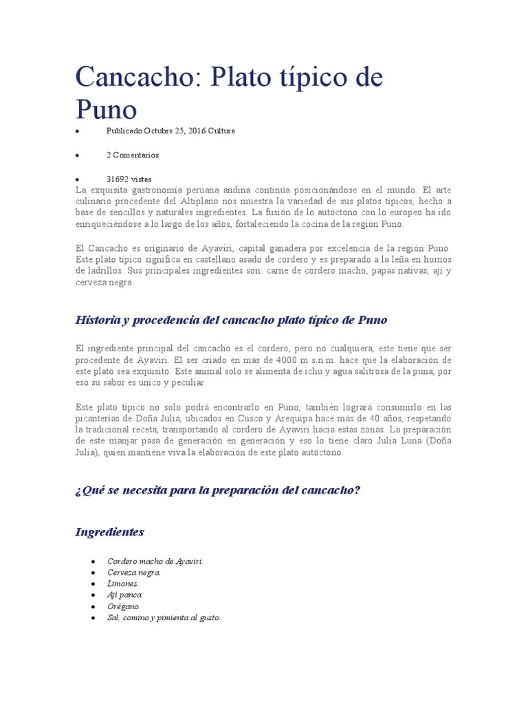 Cancacho: Receta y Origen Puno | PDF | Cocina, comidas y vino