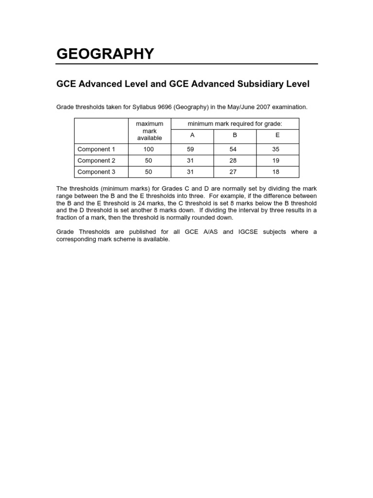 GCE A Level Geography Grade Thresholds | PDF