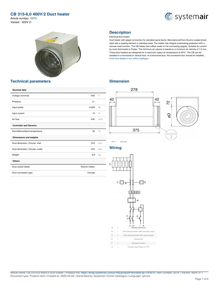 Systemair CB 31560400V 2 Duct Heater PDF Duct (Flow) Applied