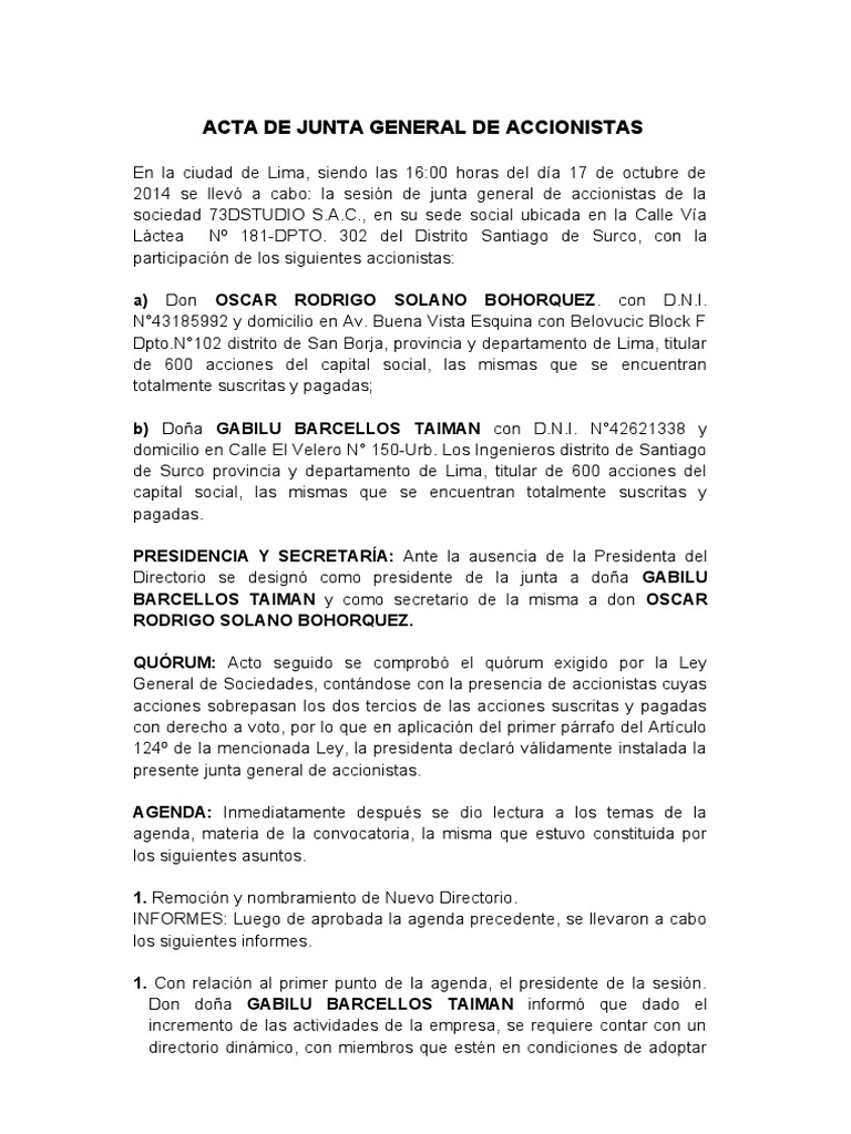 Modelo De Acta De Junta General De Accionistas Sac Peru – THFN