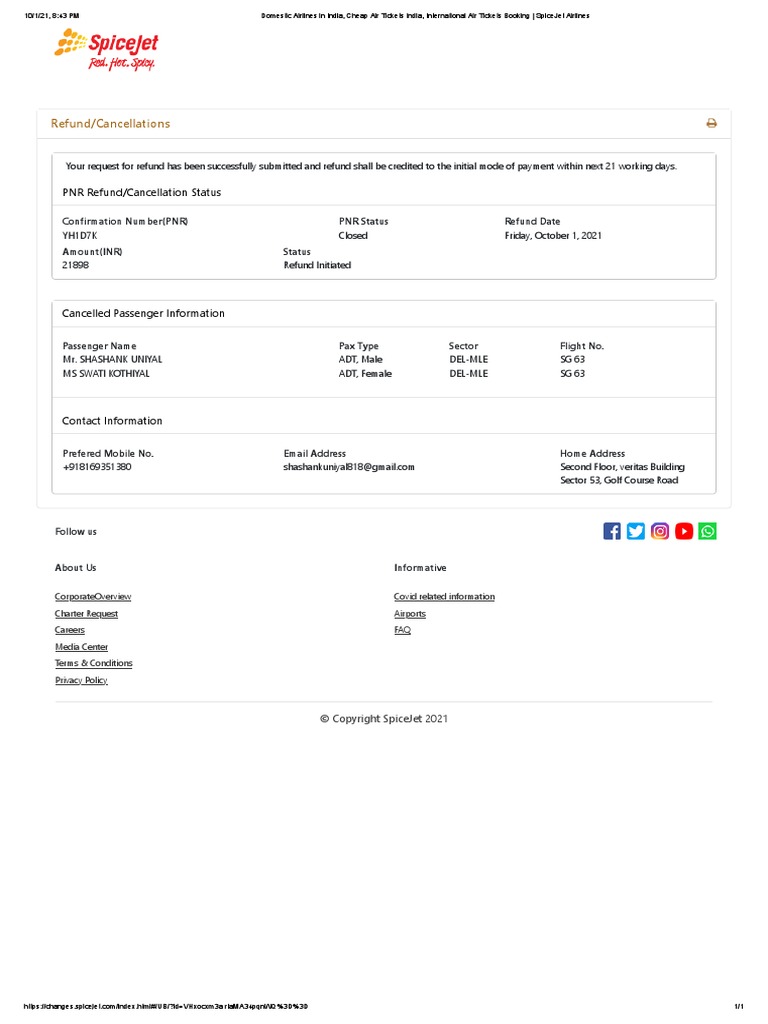 Refund of Spice Jet Flight PDF Aviation Airlines