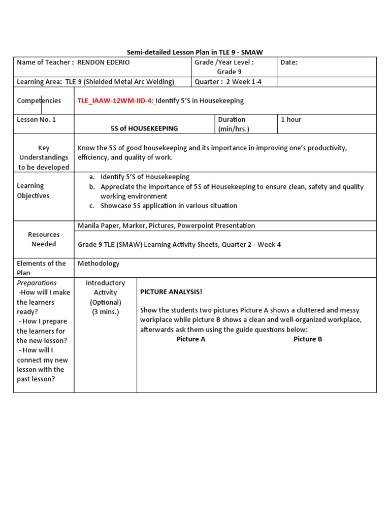 5S Housekeeping Lesson Plan for TLE 9 | PDF | Housekeeping | Lesson Plan