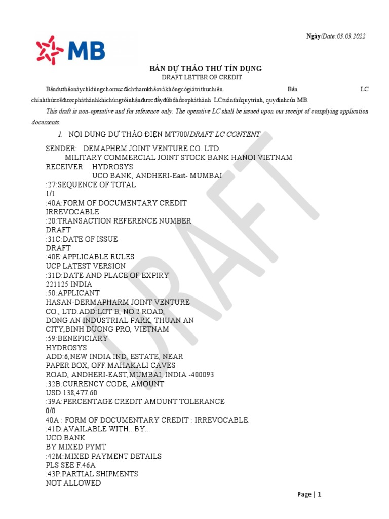 Bản Dự Thảo Thư Tín Dụng | PDF | Letter Of Credit | Trade