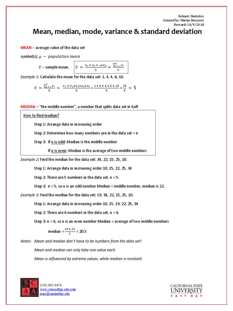 Mean, Median, Mode, Variance & Standard Deviation: Subject: Statistics ...