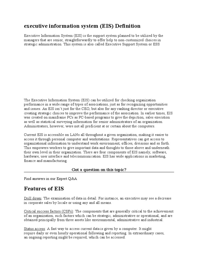 Executive Information System (EIS) Definition Got A Question On This