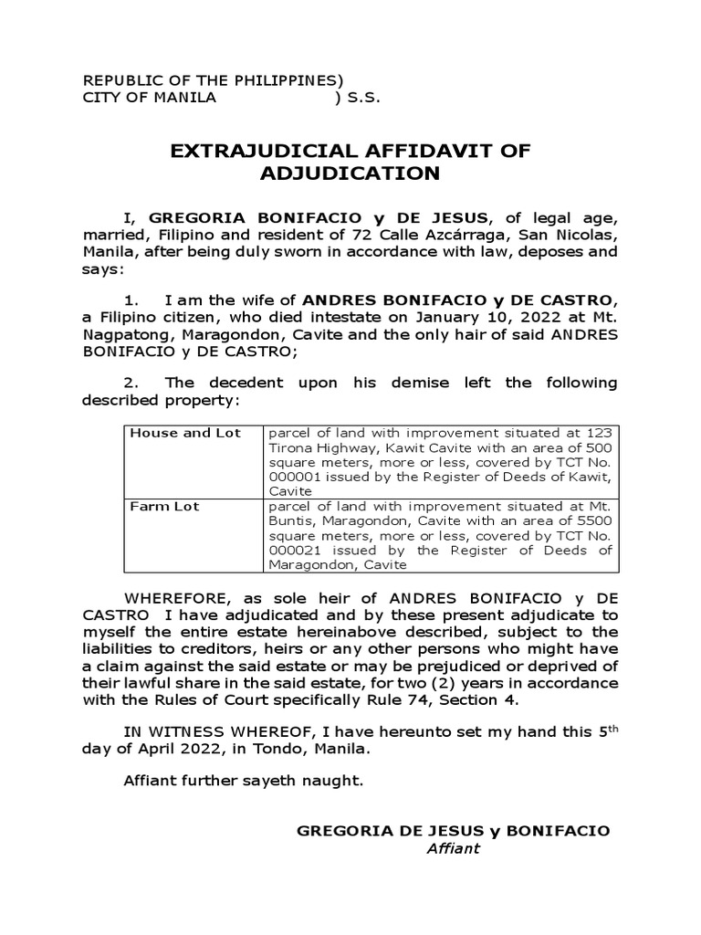 Extrajudicial Settlement of Estate by Sole Heir PDF Affidavit Manila