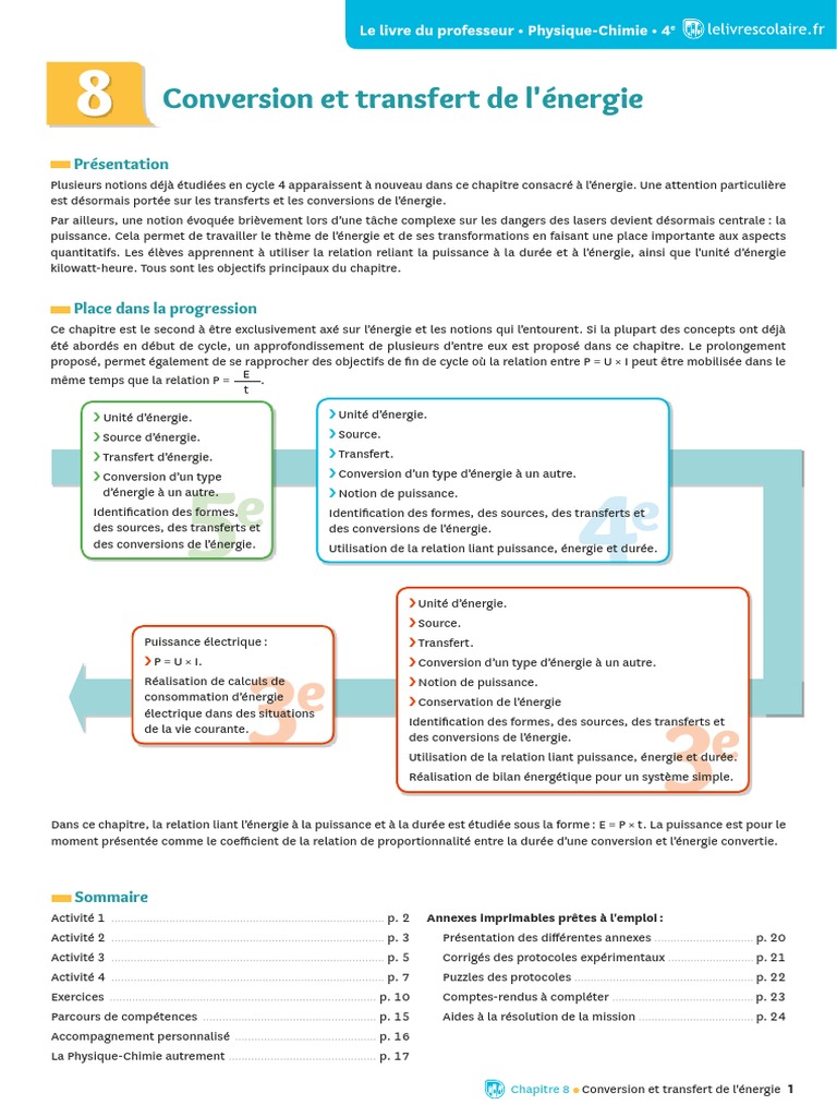 L énergie Et Ses Conversions 5ème Exercices Corrigés Livre Prof spc4 Chap08 | PDF | Puissance (physique) | Centrale électrique