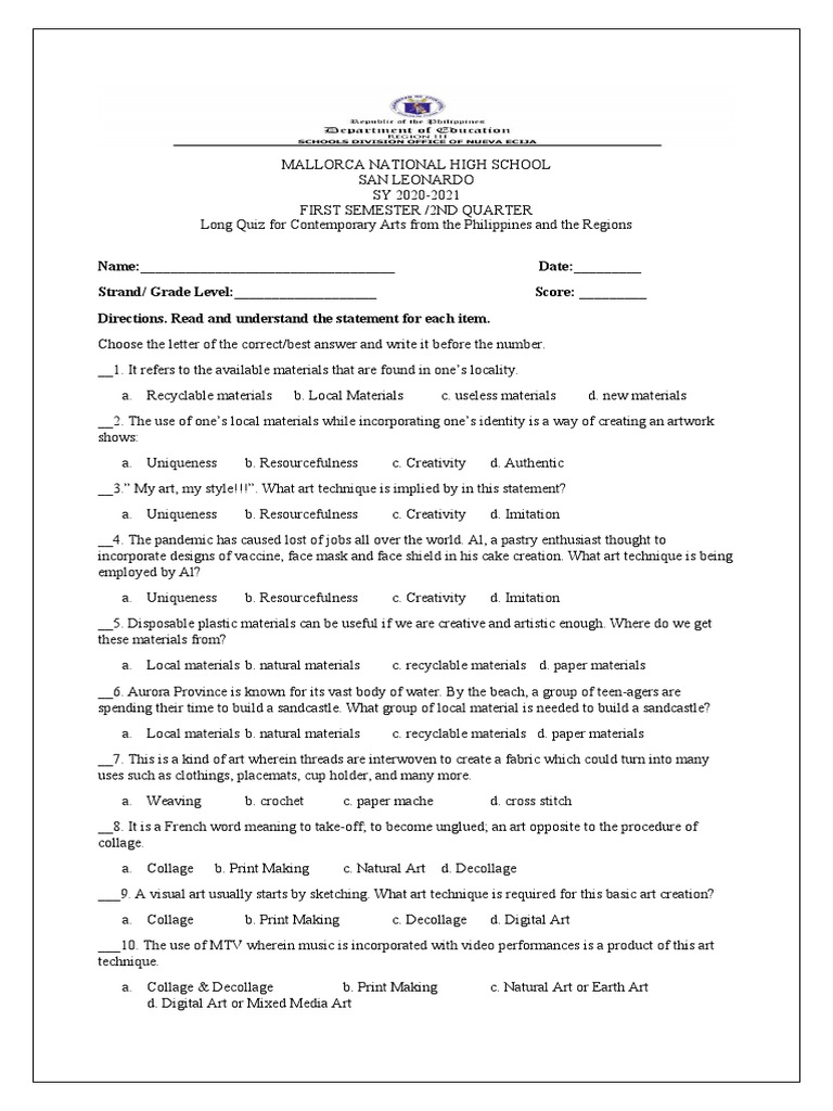 ContempoArts Long Quiz Q2 PDF Printmaking Mural