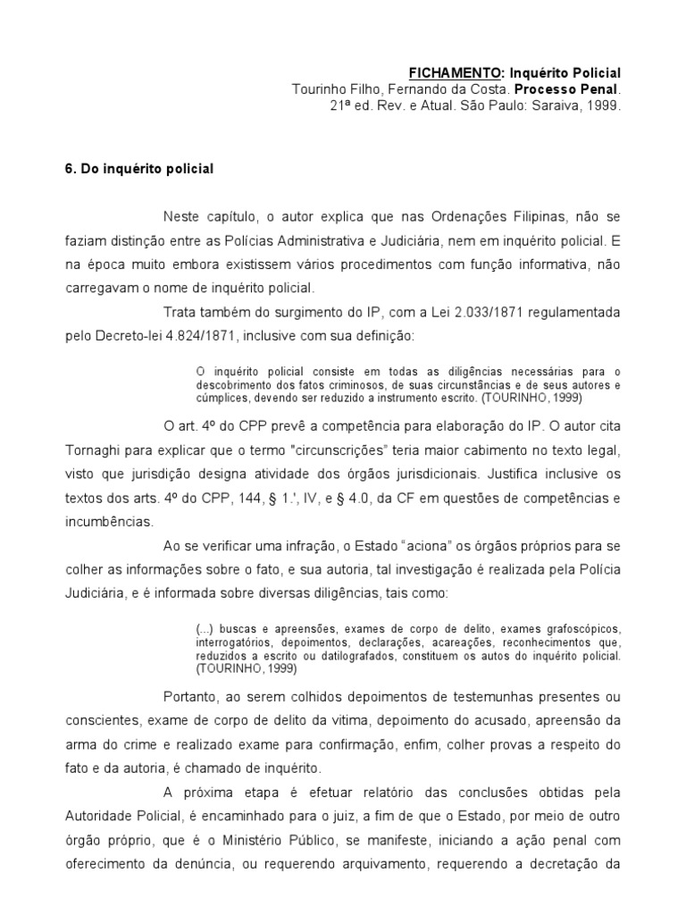 Fichamento do Inquérito Policial | PDF | Polícia | Crime e Violência