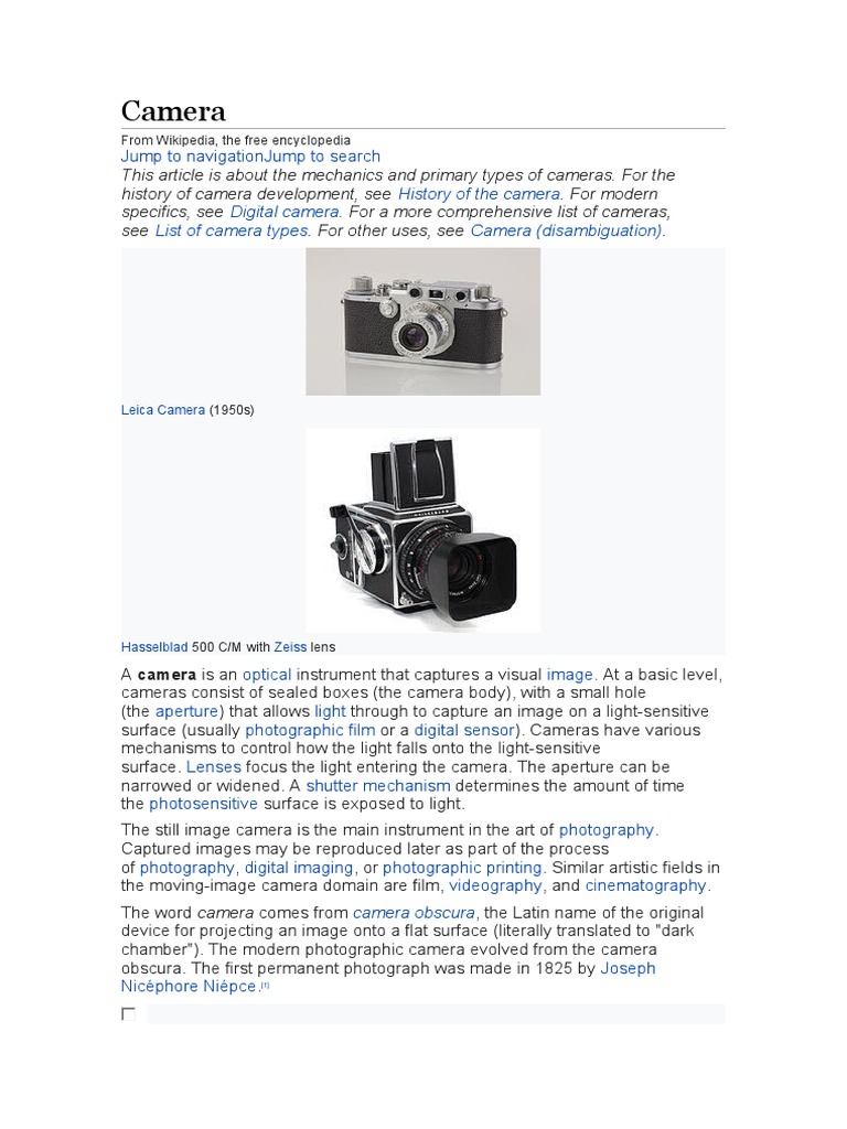 Camera History of The Camera Digital Camera List of Camera Types Camera (Disambiguation) PDF