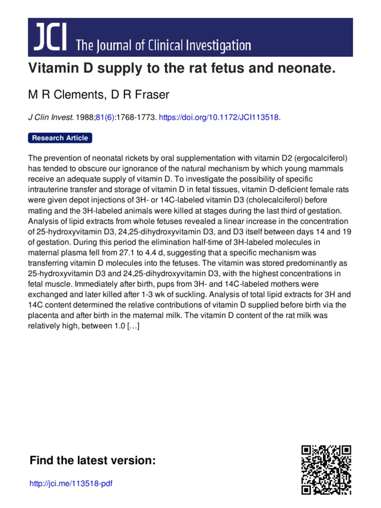 Vitamin D Supply To The Rat Fetus and Neonate PDF Vitamin D Fetus